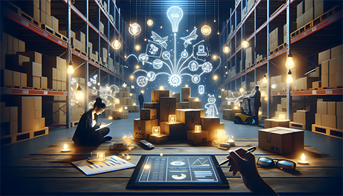 Digital concept illustration of smart warehouse management and logistics optimization